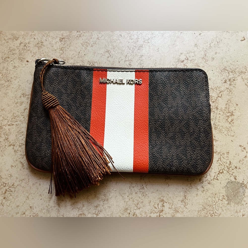 MICHAEL KORS Jet Set Travel Large Top Zip Logo Stripe Wristlet Tangerine